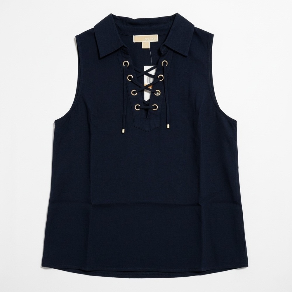 Michael Kors Women Midnight Blue Linen Blend Lace Up Sleeveless Top Small